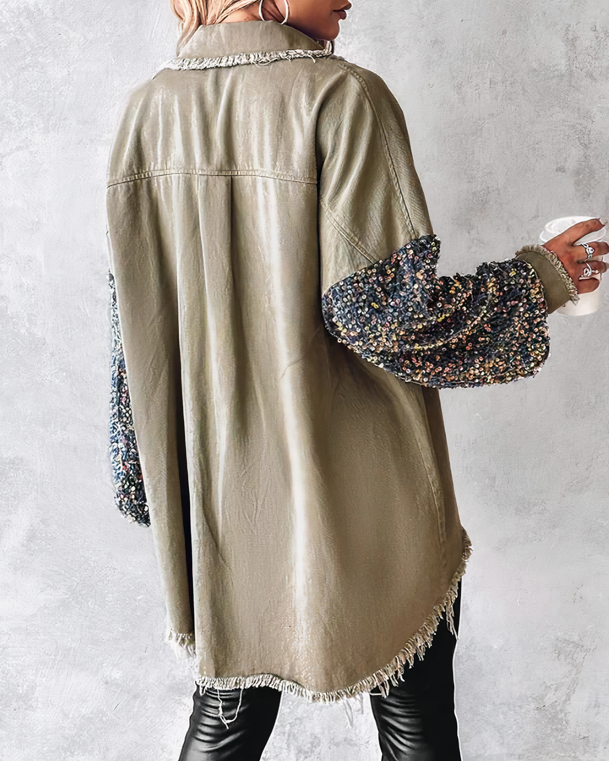 Women's Button-Up Jacket - Sequin Sleeves - Distressed Frayed Edges - Relaxed Fit