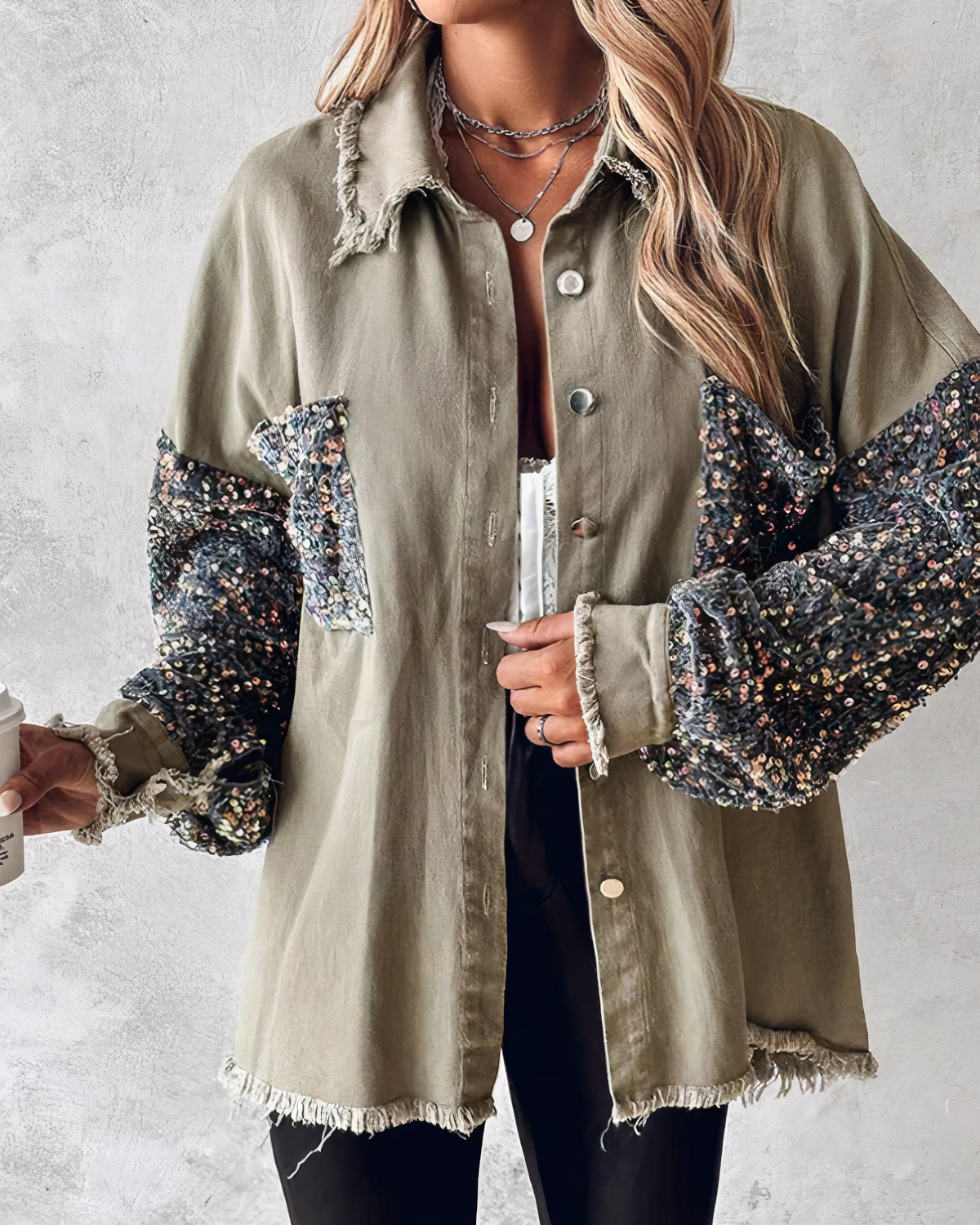 Women's Button-Up Jacket - Sequin Sleeves - Distressed Frayed Edges - Relaxed Fit