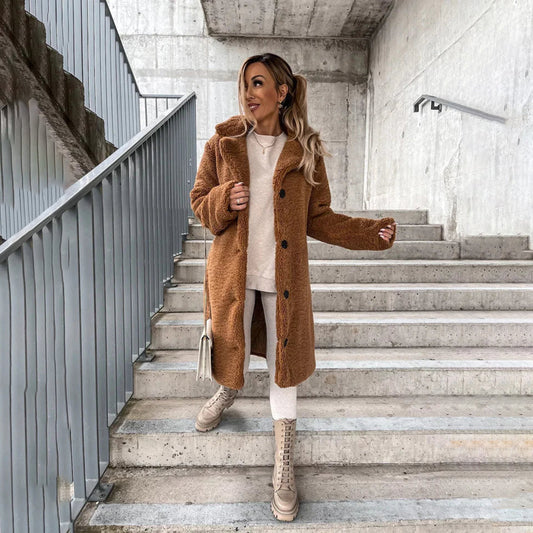 Furry lapel long sleeve plush coat for women