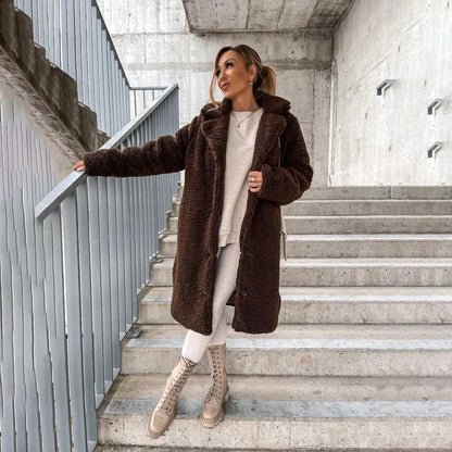 Women's lapel plush knee-length button-down jacket