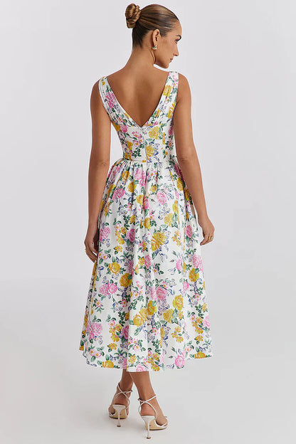 Women’s Midi Dress – Cotton Blend – Fitted Bodice – Sleeveless – Floral Flared Skirt