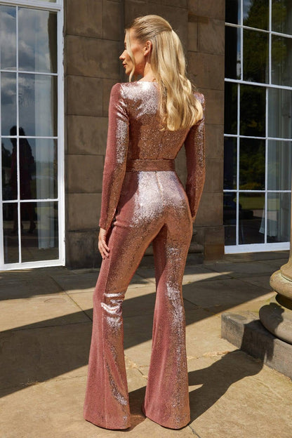 Women's Jumpsuit - Fitted Corset Style - Long Sleeve - Sequined Flare Leg Party Wear