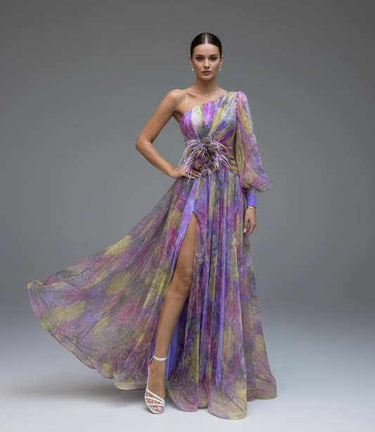 One-Shoulder Flowing Long Sleeve Evening Gown