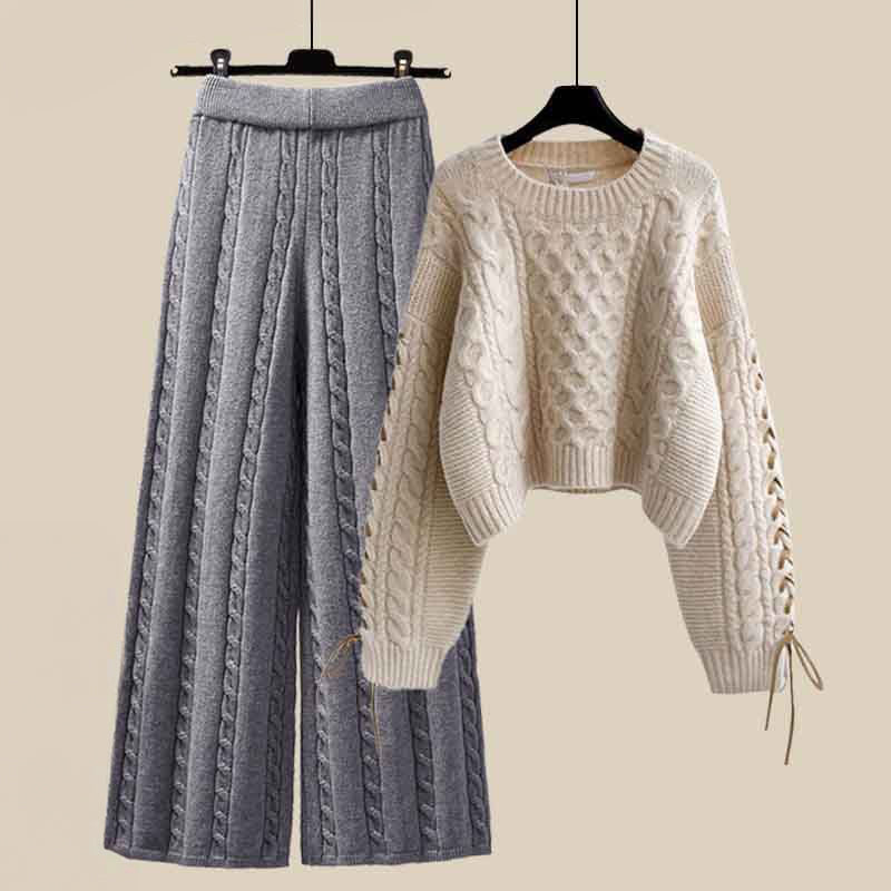 Women's autumn winter knitted sweater and wide-leg pants two-piece set