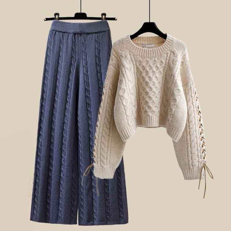 Women's autumn winter knitted sweater and wide-leg pants two-piece set