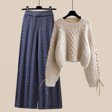 Women's autumn winter knitted sweater and wide-leg pants two-piece set