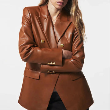 Women's spring matte faux leather jacket with collar