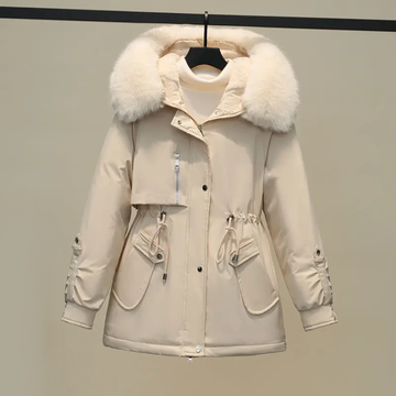 Women's mid-length down parka with a large fur collar