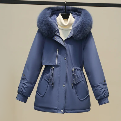 Women's mid-length down parka with a large fur collar