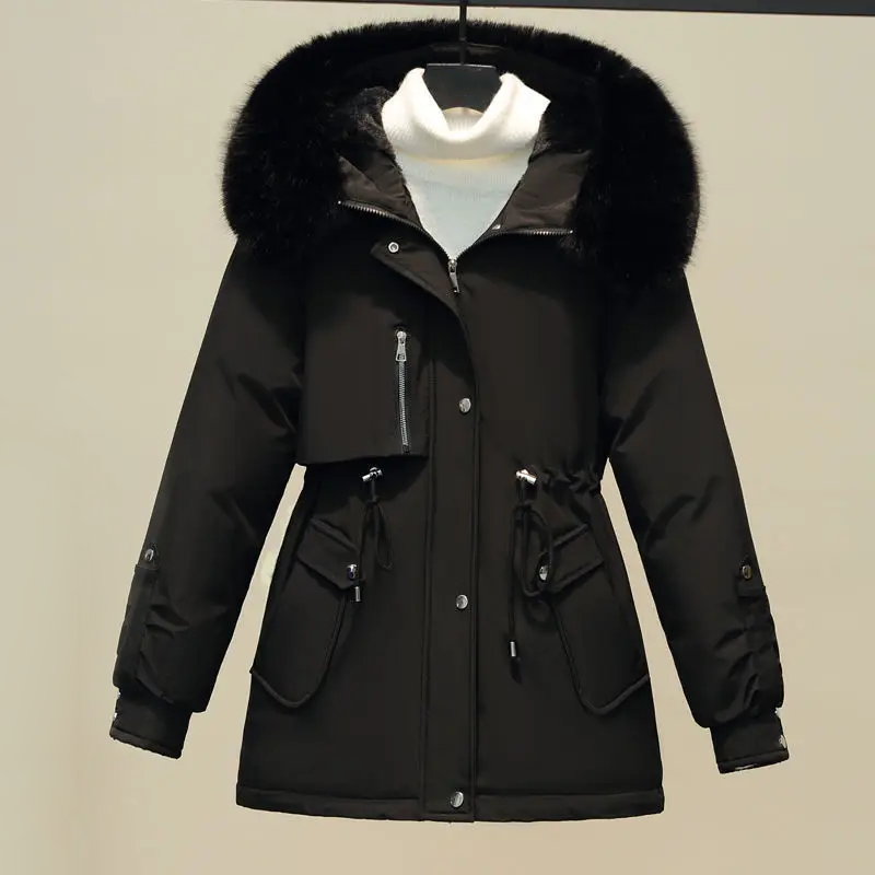 Women's mid-length down parka with a large fur collar