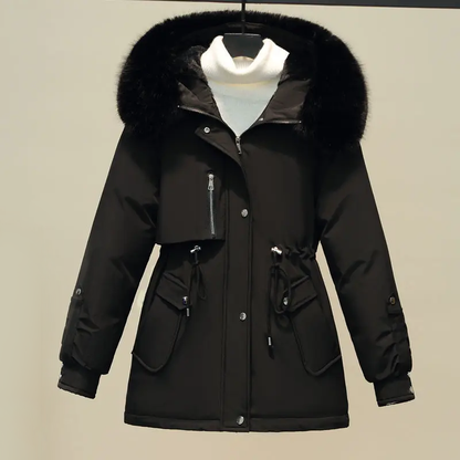Women's mid-length down parka with a large fur collar