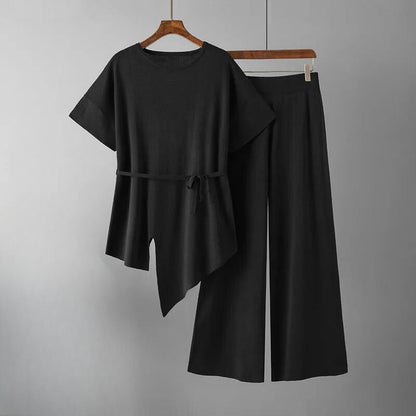 Women's irregular crewneck knit top slim waist wide-leg pants two-piece set