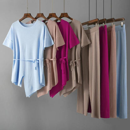 Women's irregular crewneck knit top slim waist wide-leg pants two-piece set