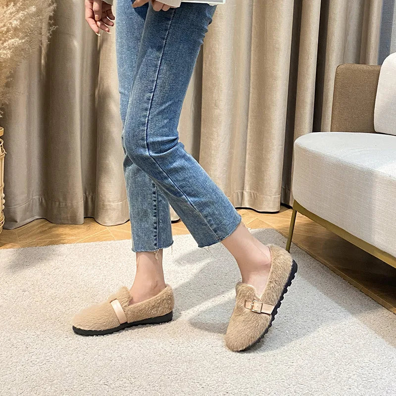 Isla Slip-On Loafer Flats | Furry Buckle Detail Loafer Flats