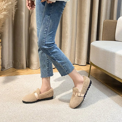 Isla Slip-On Loafer Flats | Furry Buckle Detail Loafer Flats