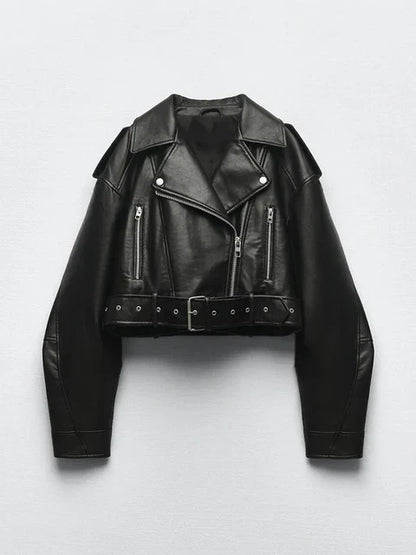 Women's two-tone leather lapel loose coat