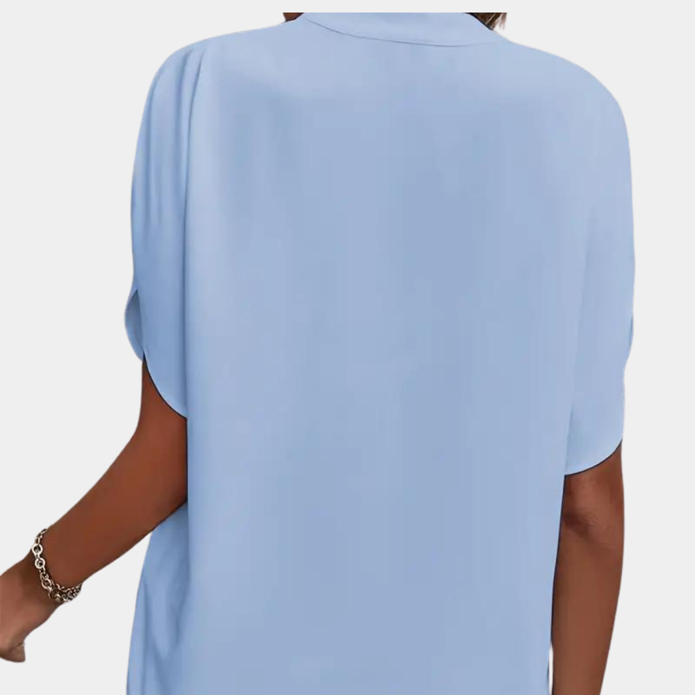 Women's Blouse - V-Neck Collared - Loose Fit - Draped Short Sleeves Elegant Style
