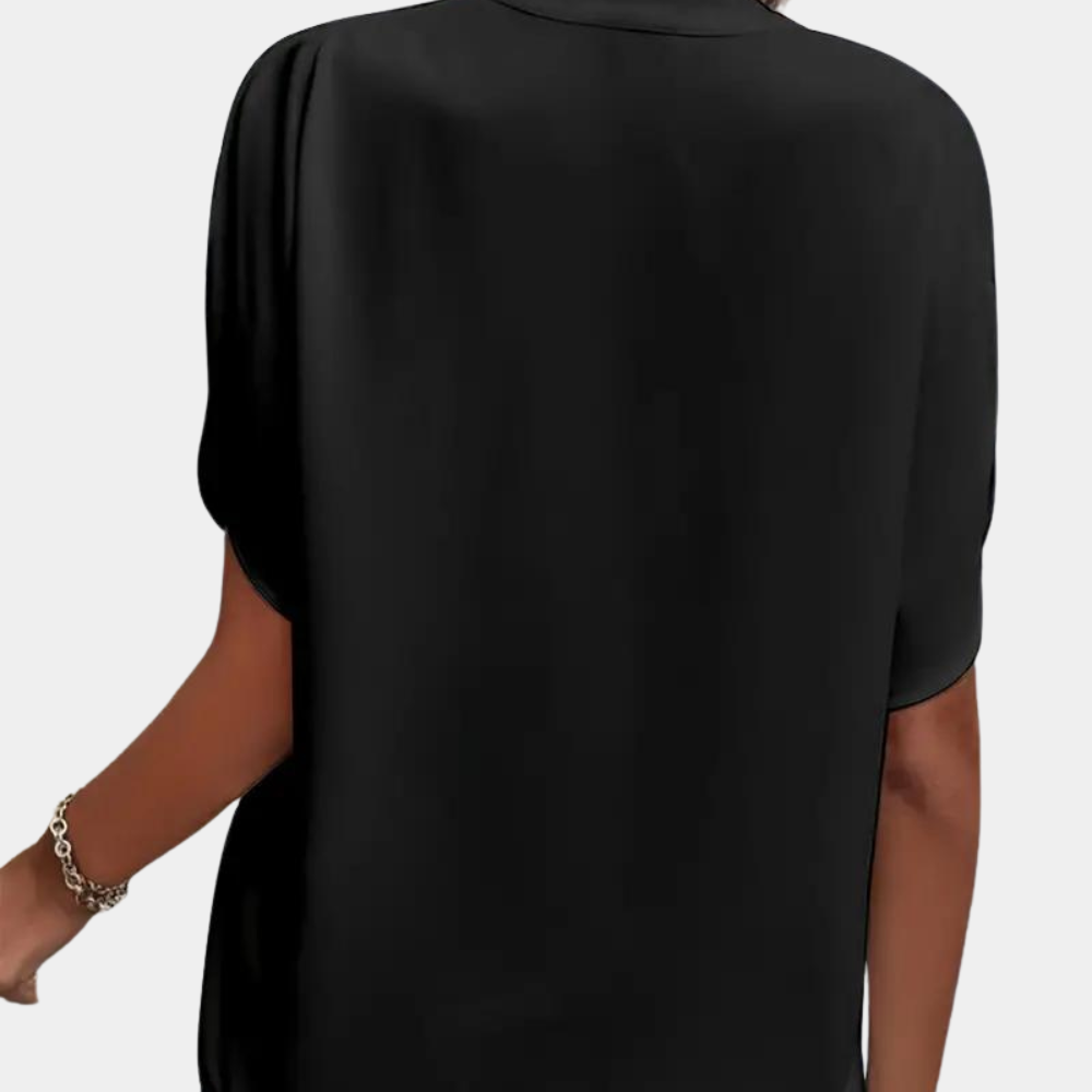 Women's Blouse - V-Neck Collared - Loose Fit - Draped Short Sleeves Elegant Style
