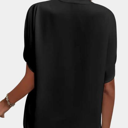 Women's Blouse - V-Neck Collared - Loose Fit - Draped Short Sleeves Elegant Style