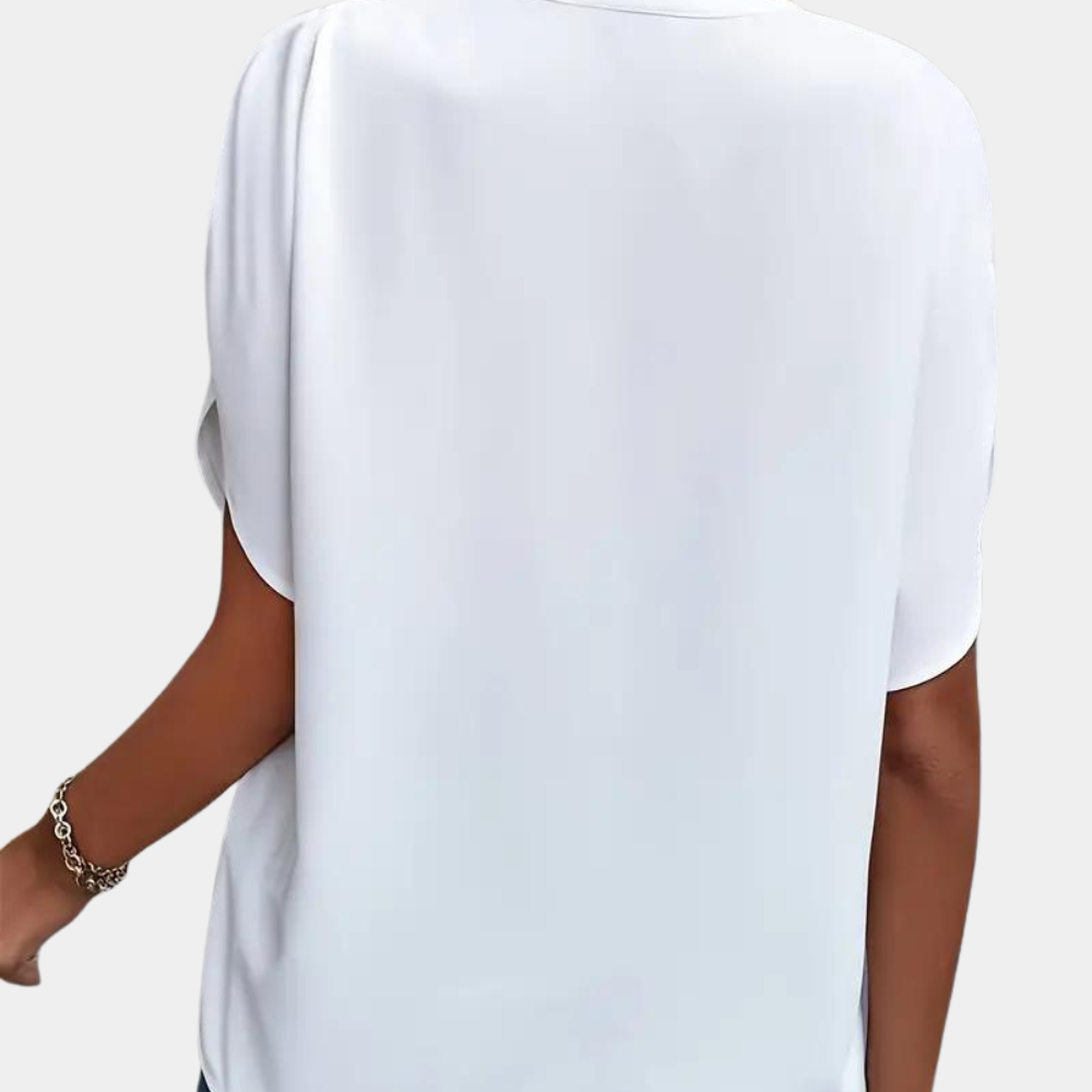 Women's Blouse - V-Neck Collared - Loose Fit - Draped Short Sleeves Elegant Style