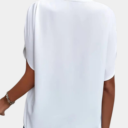 Women's Blouse - V-Neck Collared - Loose Fit - Draped Short Sleeves Elegant Style