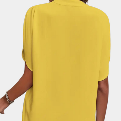 Women's Blouse - V-Neck Collared - Loose Fit - Draped Short Sleeves Elegant Style