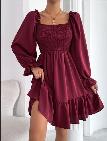 Women's Mini Dress - Smocked Bodice - Square Neck - Long Sleeve - Ruffle Hem