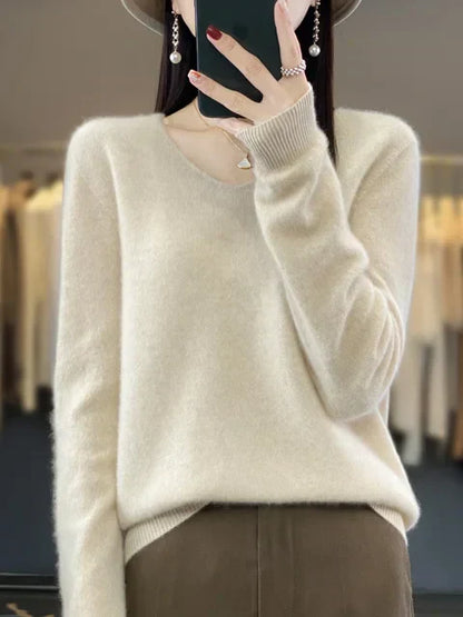 Women's v neck autumn winter loose fit solid color sweater