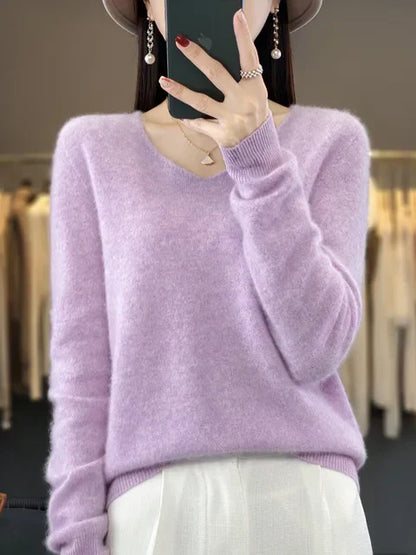 Women's v neck autumn winter loose fit solid color sweater