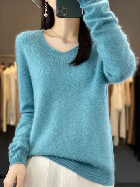 Women's v neck autumn winter loose fit solid color sweater