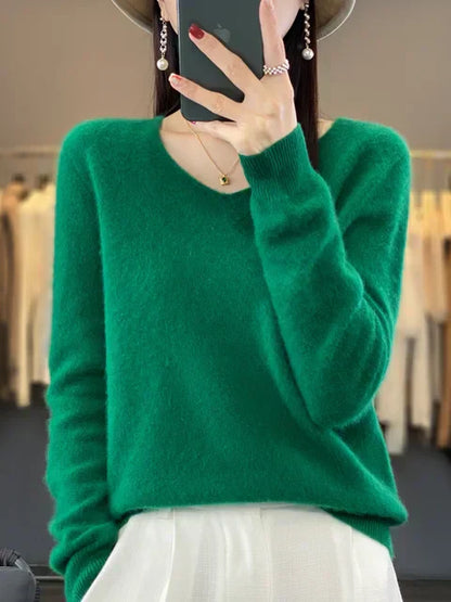Women's v neck autumn winter loose fit solid color sweater