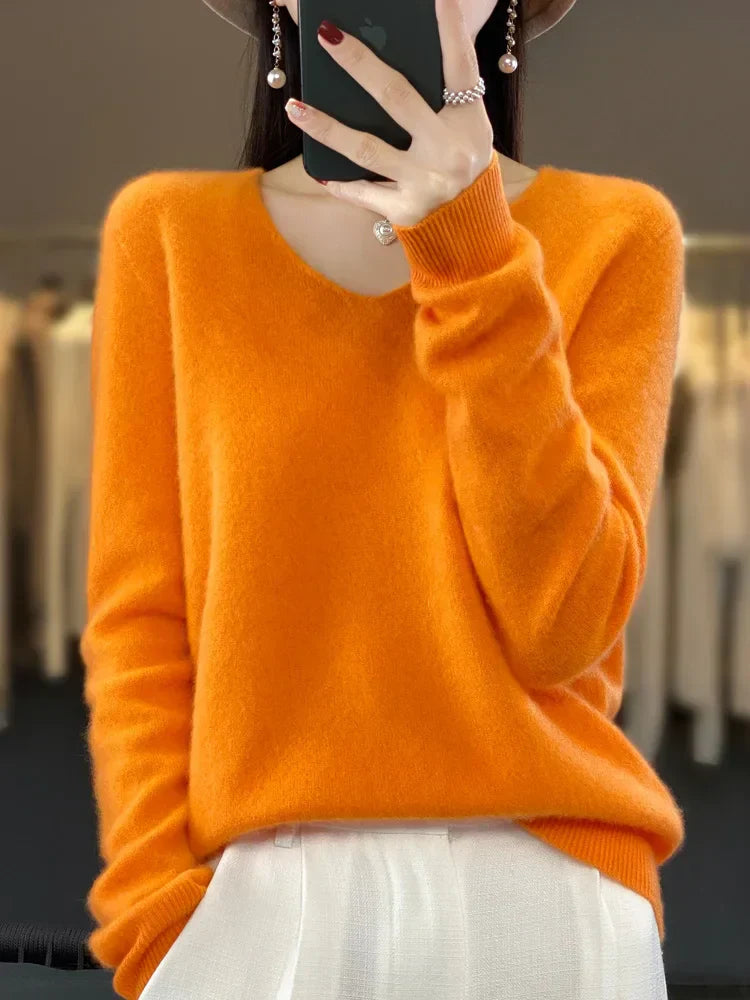 Women's v neck autumn winter loose fit solid color sweater