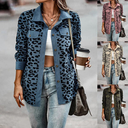 Women's leopard print button-up long sleeve jacket