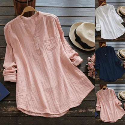 Women’s Long-Sleeve Tunic Shirt - Cotton Blend - Mandarin Collar - Relaxed Fit