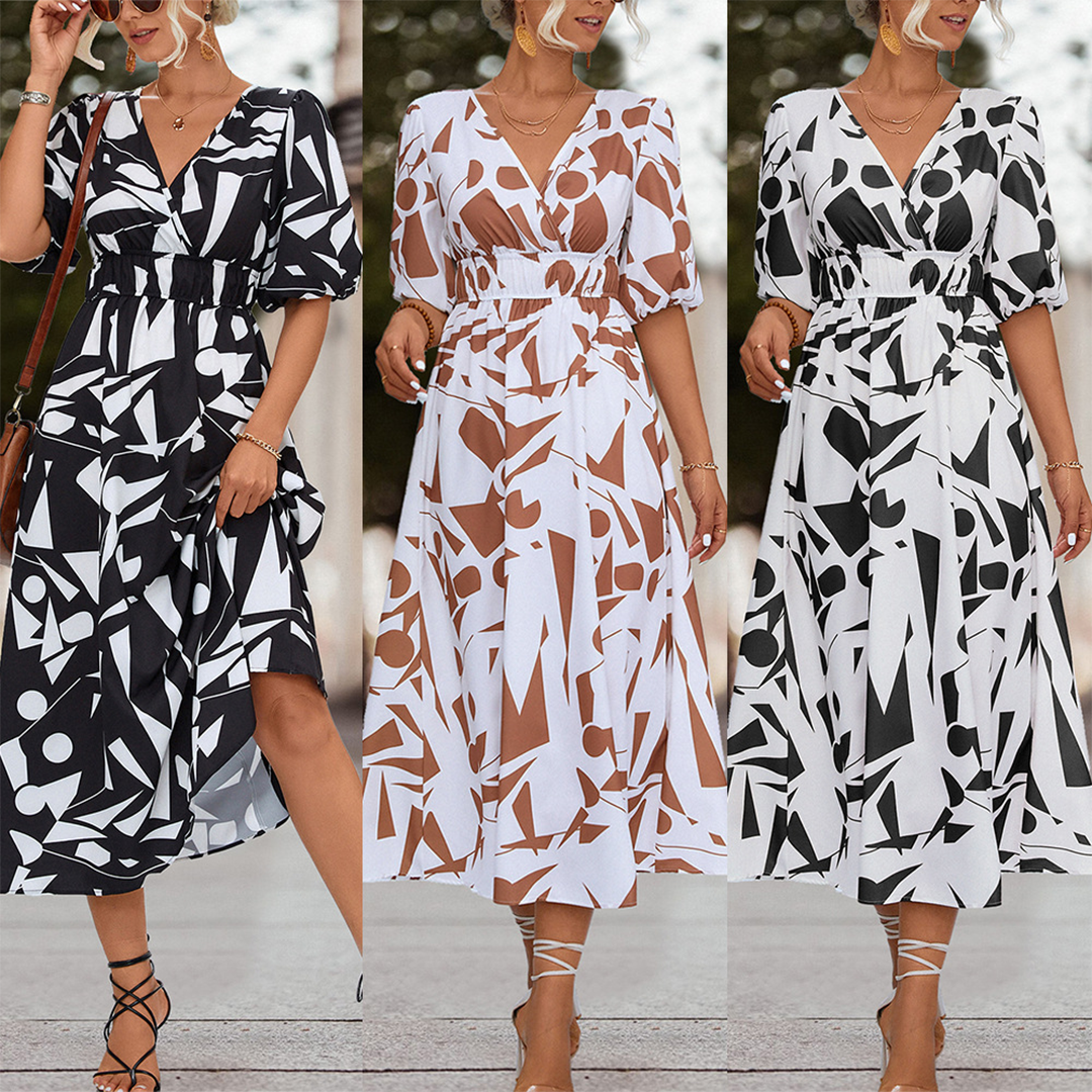 Women's Midi Dress - A-Line Silhouette - V-Neck - Short Puff Sleeves - Cinched Waist