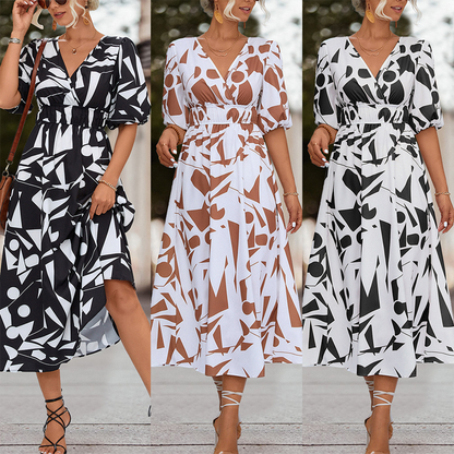 Women's Midi Dress - A-Line Silhouette - V-Neck - Short Puff Sleeves - Cinched Waist