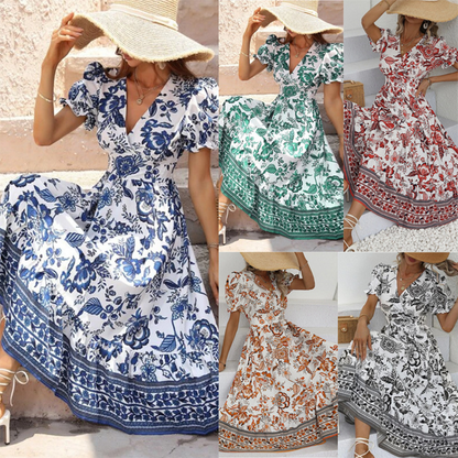 Women's Midi Dress - Floral Print - Puff Sleeve V-Neck - Cinched Waist A-Line