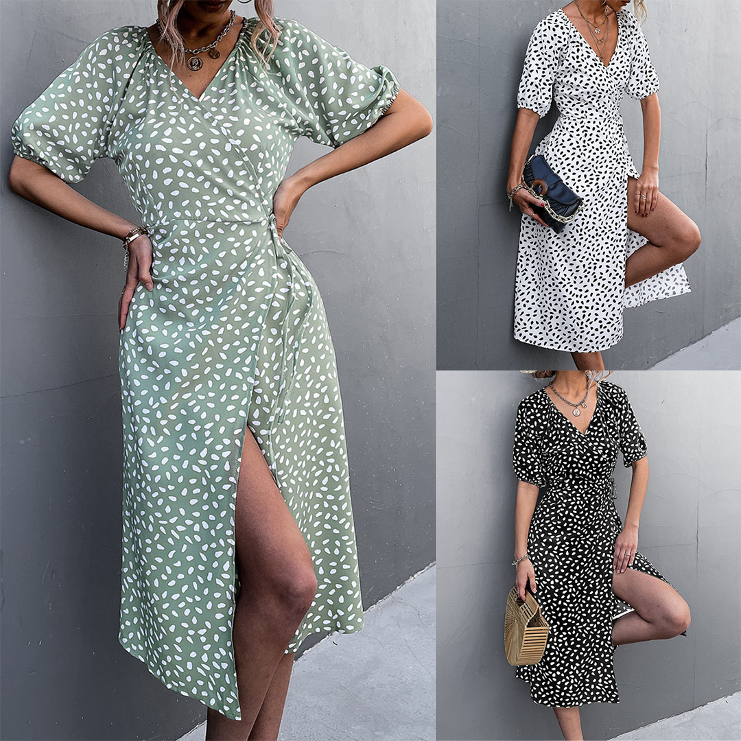 Women's Wrap Dress - Polka Dot Print - Midi Length - Puff Sleeve Elegant Fit