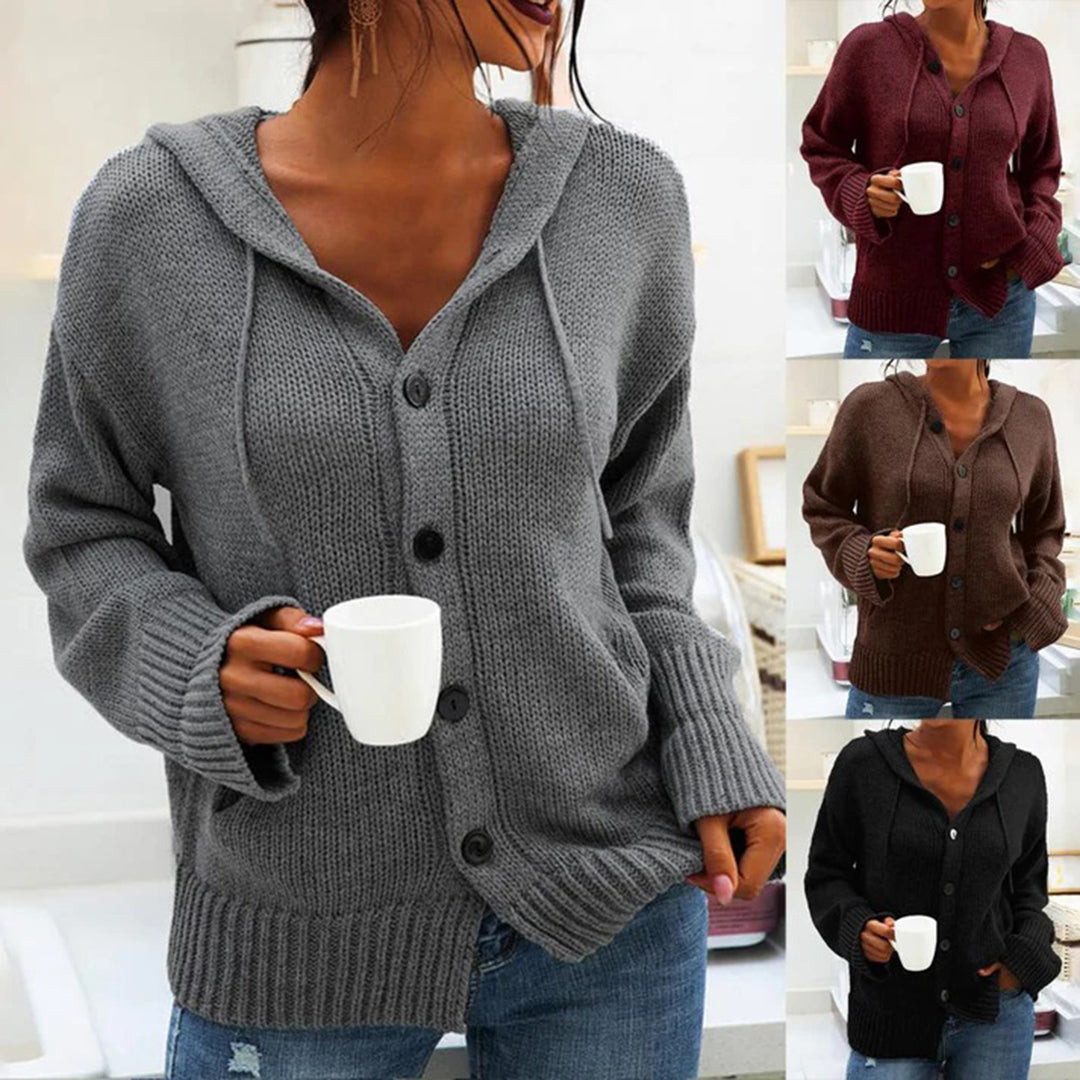 Women's solid color hooded button-down knitted cardigan