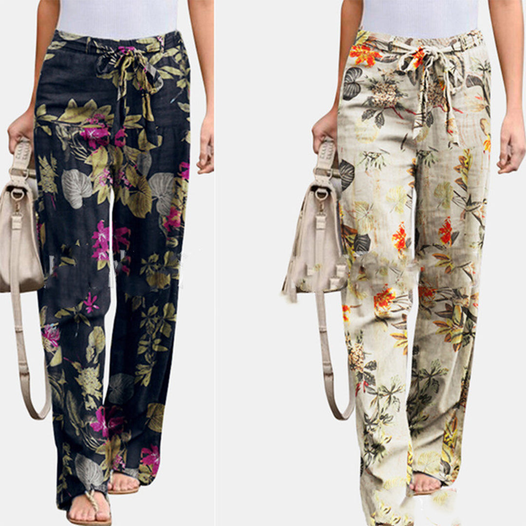 Women's Casual Pants - Floral Print - Relaxed Fit - Drawstring Waist - Lightweight