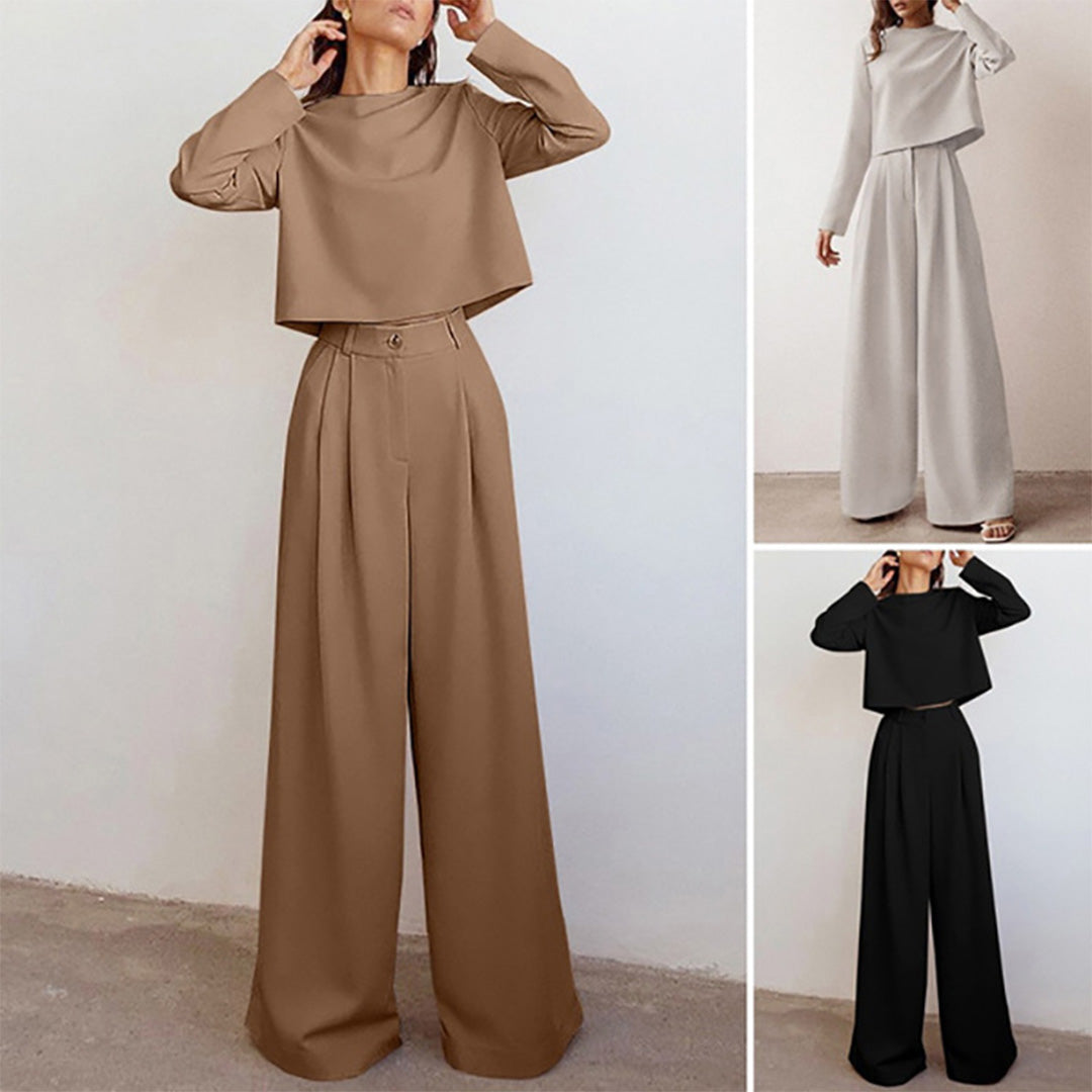 Women's casual long sleeve top and high waist wide leg trouser set