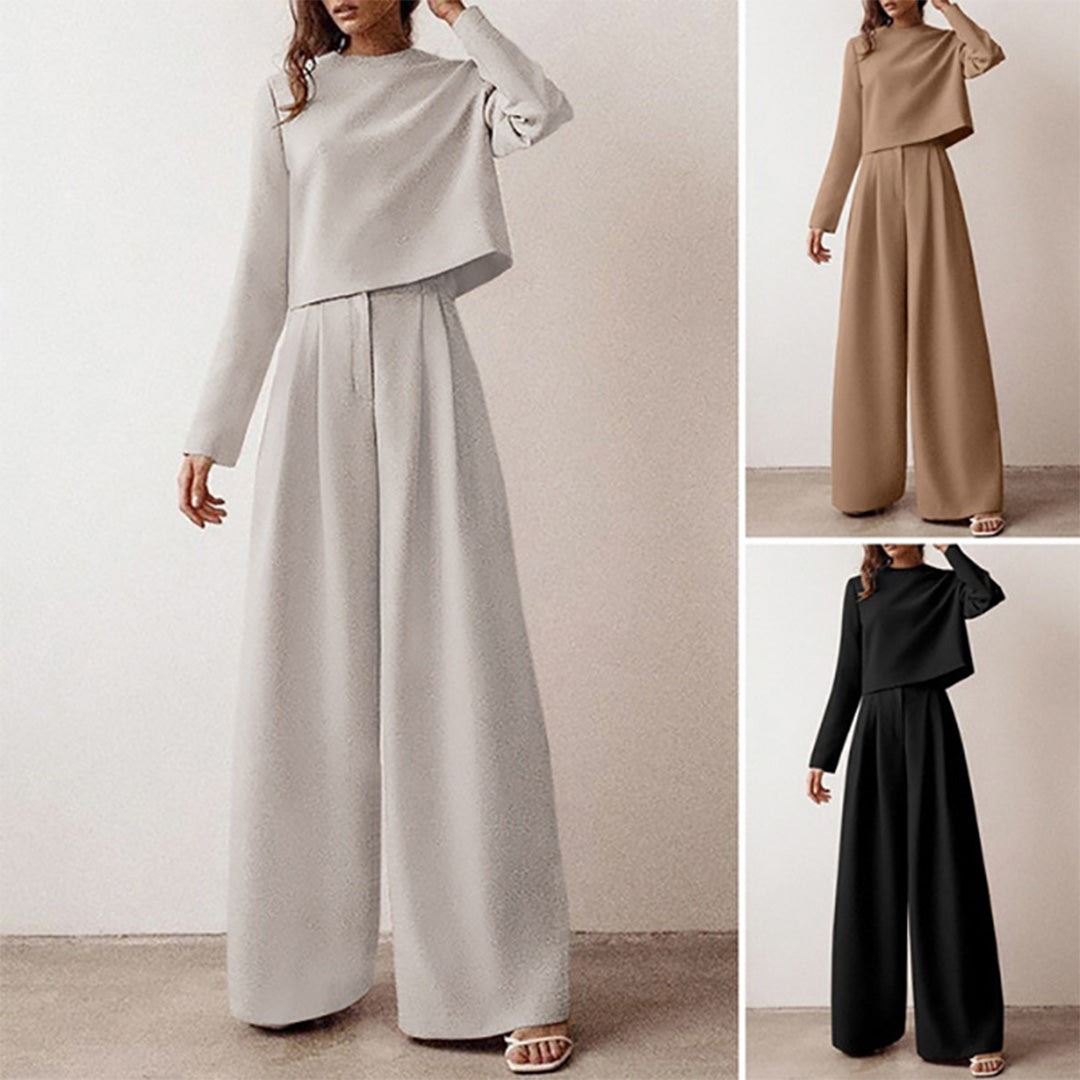 Women's casual long sleeve top and high waist wide leg trouser set