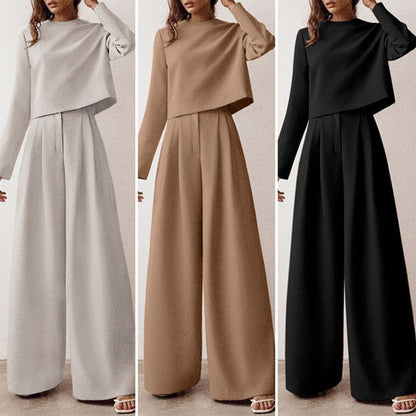 Women's casual long sleeve top and high waist wide leg trouser set