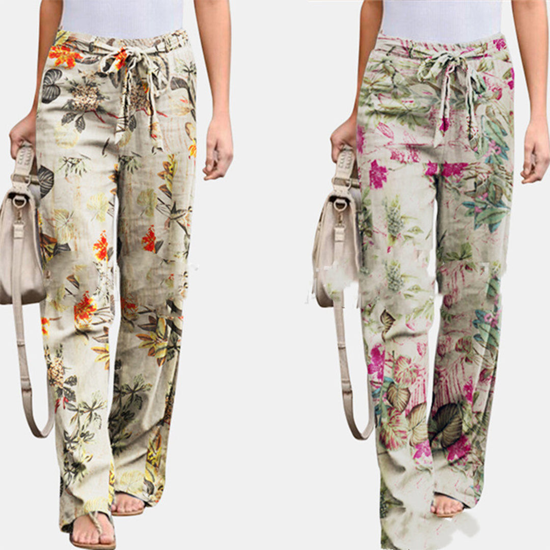 Women's Casual Pants - Floral Print - Relaxed Fit - Drawstring Waist - Lightweight