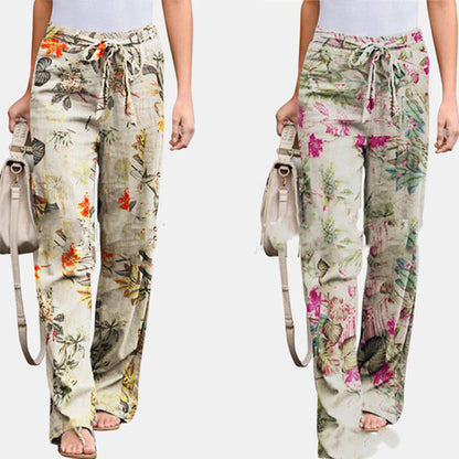 Women's Casual Pants - Floral Print - Relaxed Fit - Drawstring Waist - Lightweight
