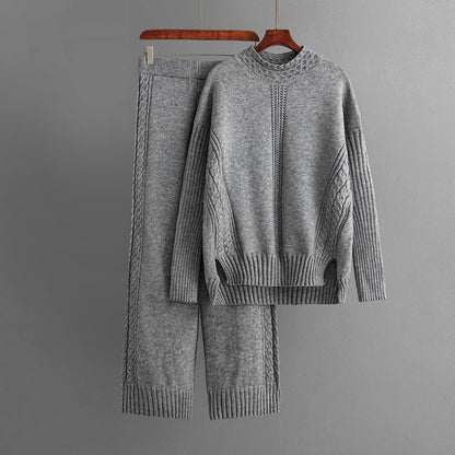 Women's Knit Sweater Set - Cable Knit Textured - Crew Neck - Relaxed Fit - Elastic Waist