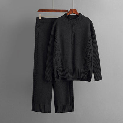 Women's Knit Sweater Set - Cable Knit Textured - Crew Neck - Relaxed Fit - Elastic Waist