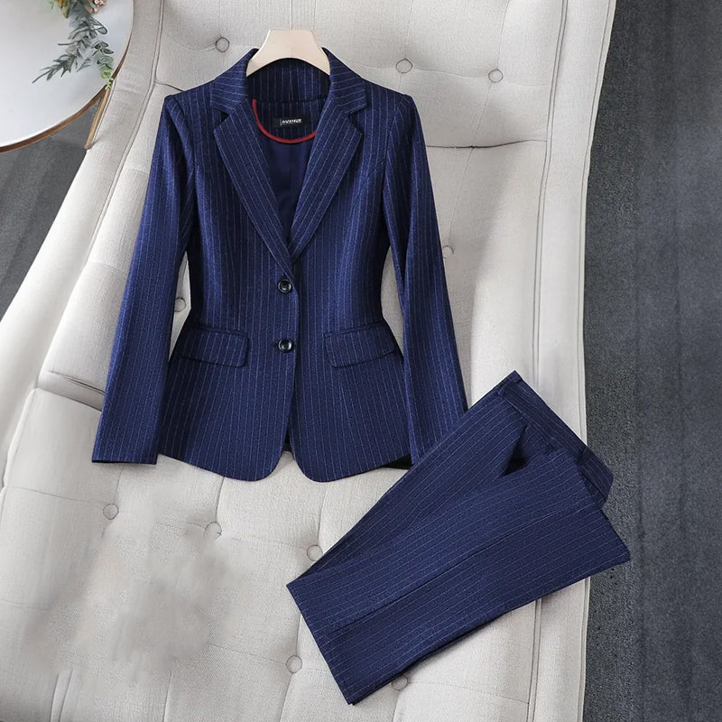 Women’s Blazer and Trousers Set - Tailored Fit - Pinstripe - Notched Lapel - Formal Wear