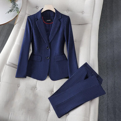 Women’s Blazer and Trousers Set - Tailored Fit - Pinstripe - Notched Lapel - Formal Wear