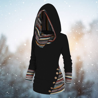 Women’s Hooded Top – Knit Fabric – Fitted Silhouette – Tribal Pattern Accents